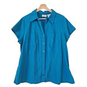 2/$20 White Stag Womens Short Sleeve V Neck Button Down Shirt Turquoise 1X